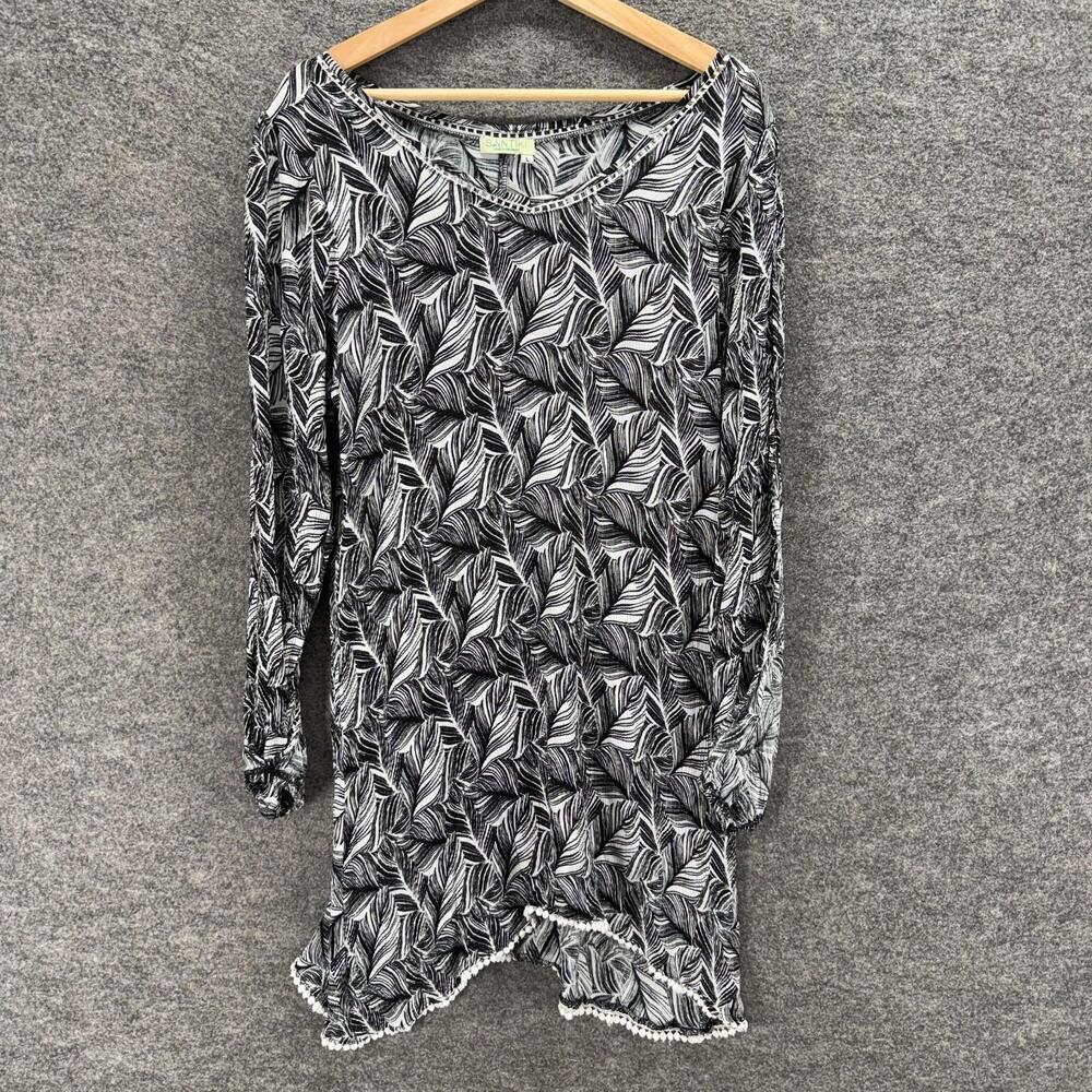 Santiki Mini Dress Women L Large Black Floral Short Rayon Long Sleeve Casual